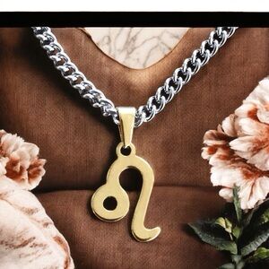Hand Crafted Gold Leo Zodiac Pendant Necklace with Silver Chain